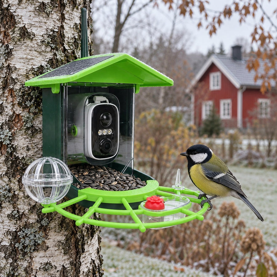 Fuglekikk med solcelletak og kjøttmeis på sitteringen, montert på et bjørketre