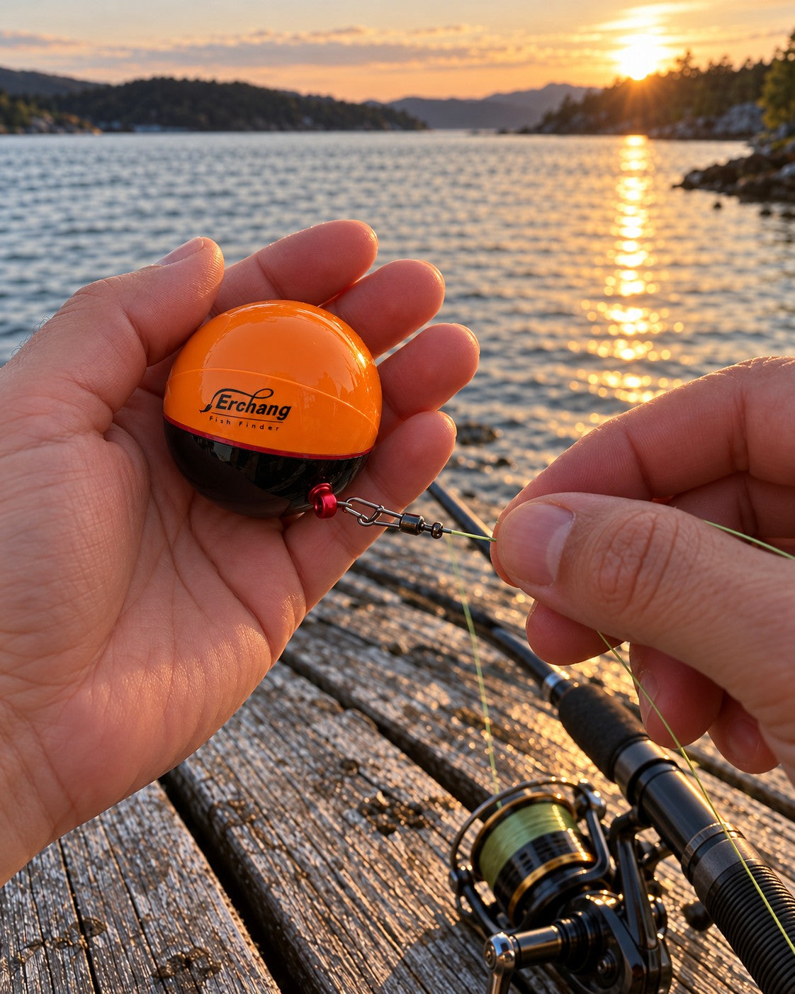 SonarKule rests easily in the palm while the line is attached on the jetty