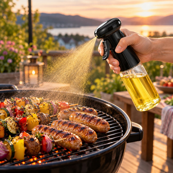 Oljespray brukes på grillmat på terrassen