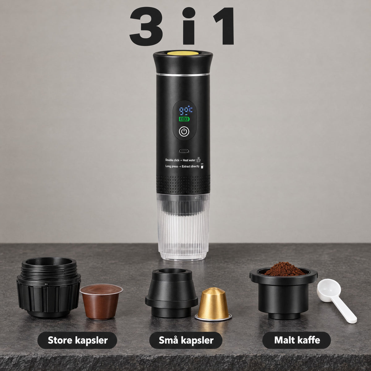 Turbarista 3 i 1 med adaptere for store kapsler, små kapsler og malt kaffe