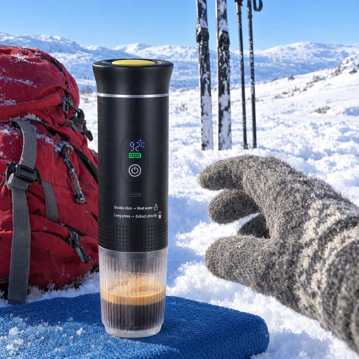 Turbarista på skitur med ferdig espresso på sitteunderlaget