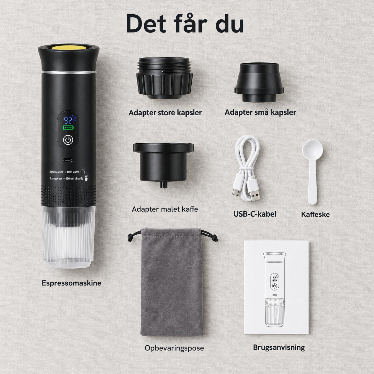 Det får du: Turbarista, tre adaptere, USB-C-kabel, kaffeske, opbevaringspose og brugsanvisning