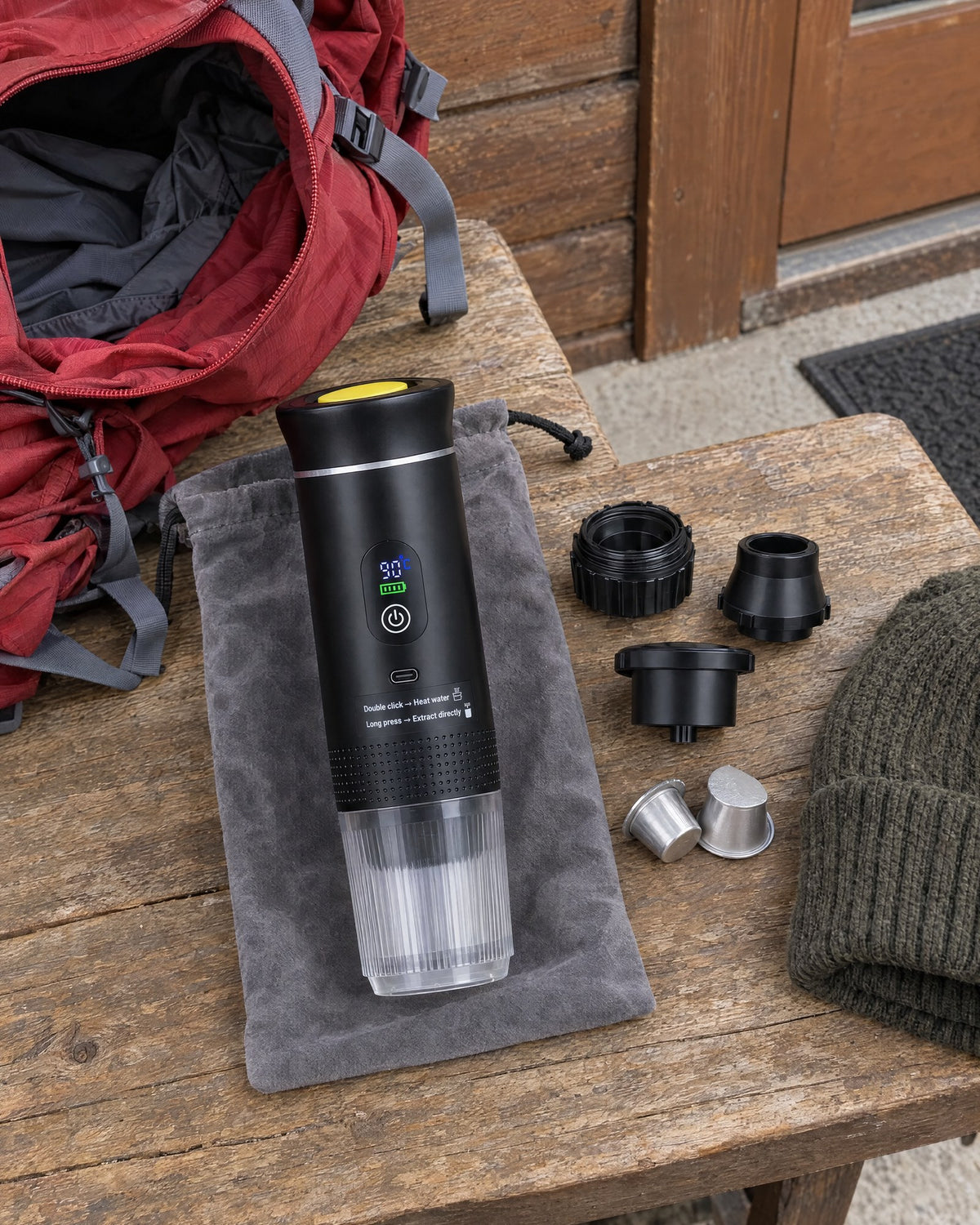 Turbarista på oppbevaringsposen ved siden av sekken og adapterne