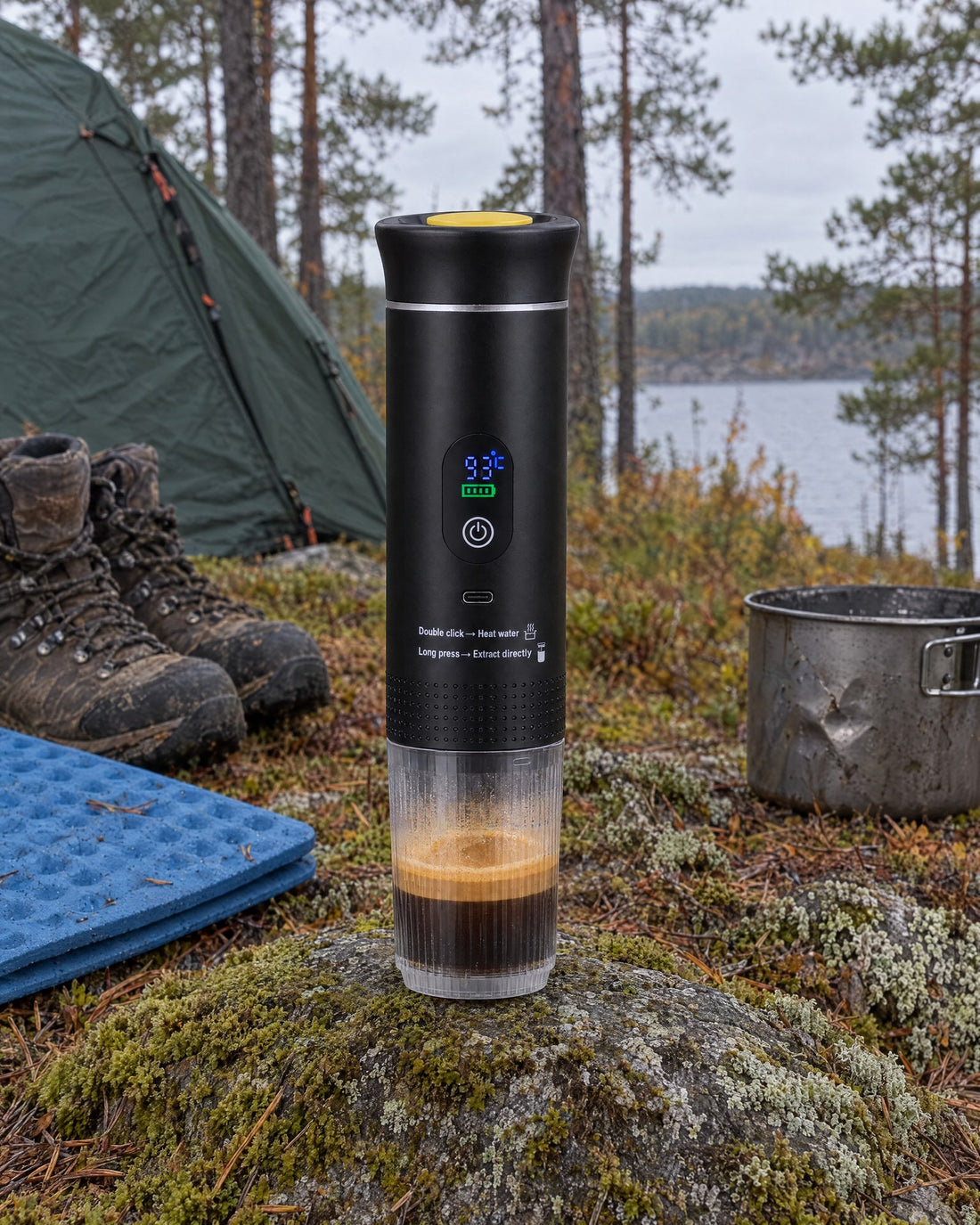 Turbarista på en mosegrodd stein ved teltet