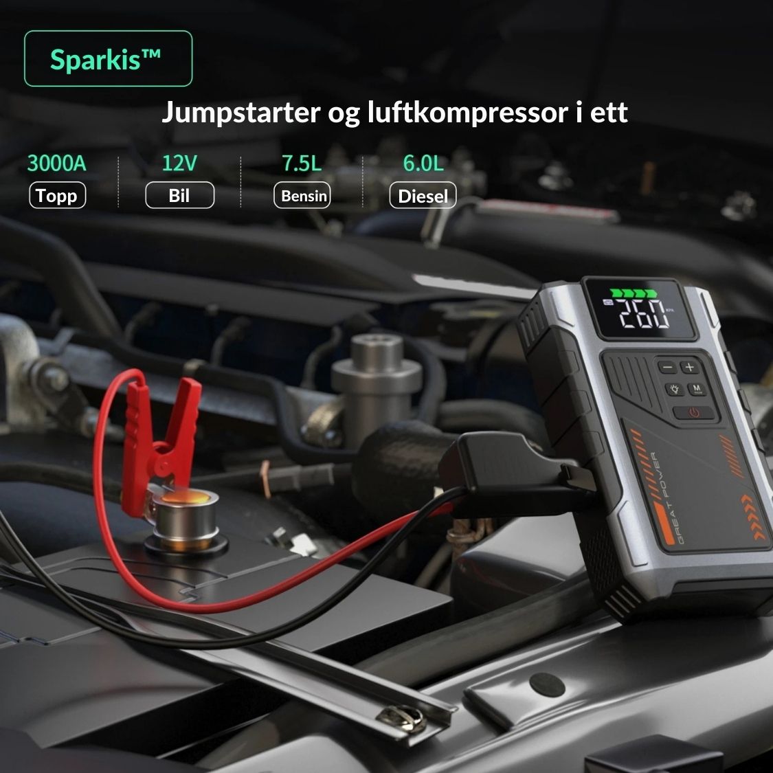 Sparkis™ - Jumpstarter med luftkompressor