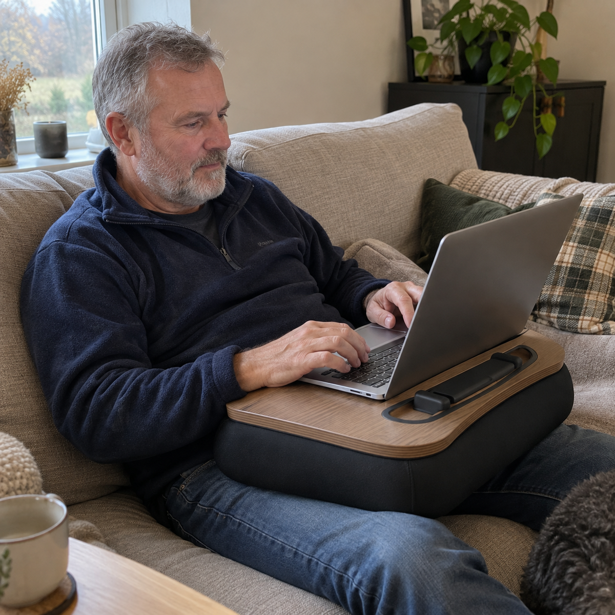 Kosebordet med lokket nede og laptop på brettet