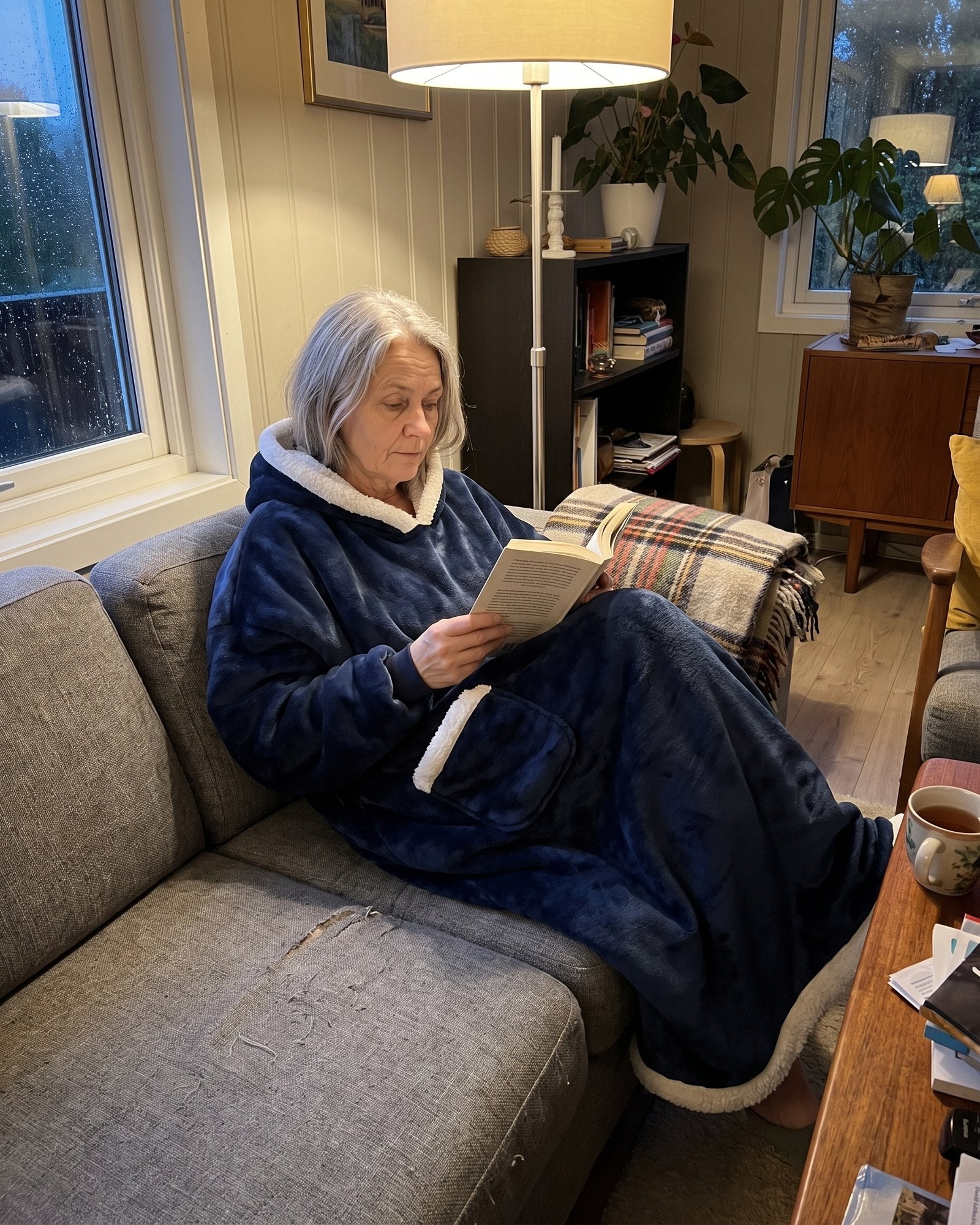 Dark blue MegaHoodie with white sherpa lining, worn in a sofa corner