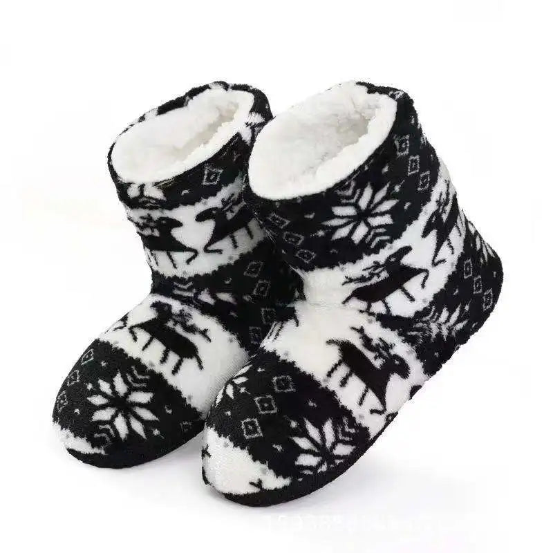 Christmas New Year Elk Indoor Socks Men Women Winter Warm Home Soft Thickened Plus Velvet Sleeping Anti Slip Floor Slipper - Makschill
