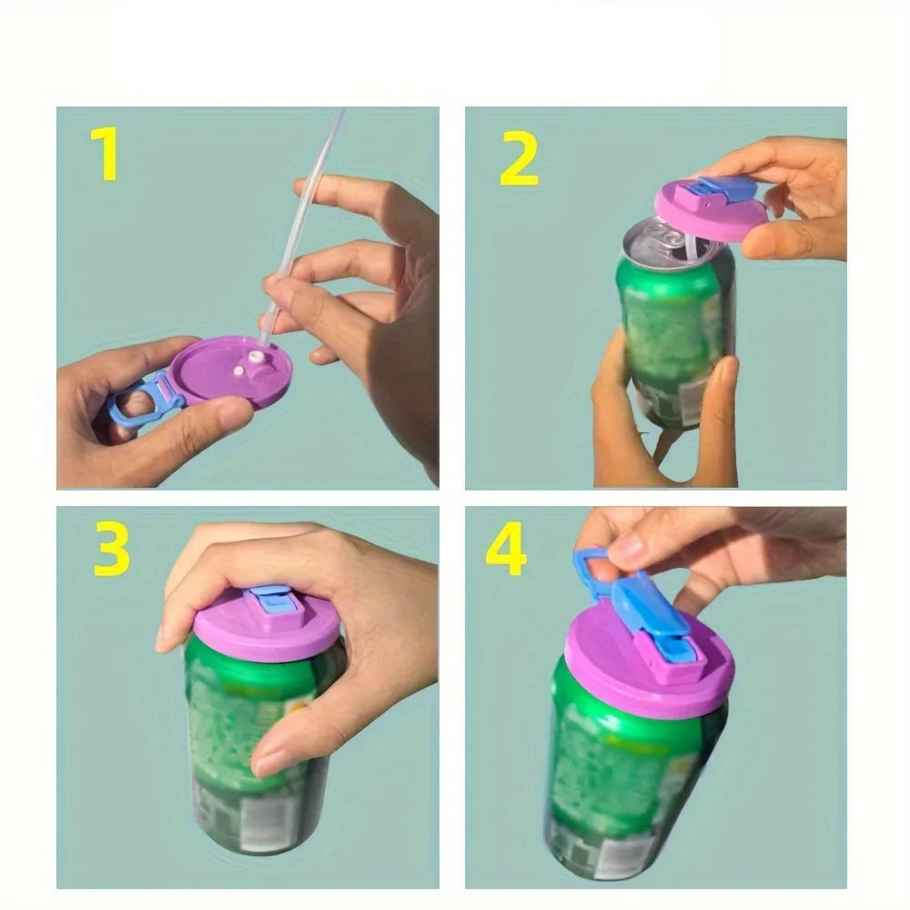 5.4cm Can Lid with Push-Button Straw Port - 4-Color Reusable Silicone Covers Soda/Cans, Leak-Proof Flip Top Tank Cover - Makschill