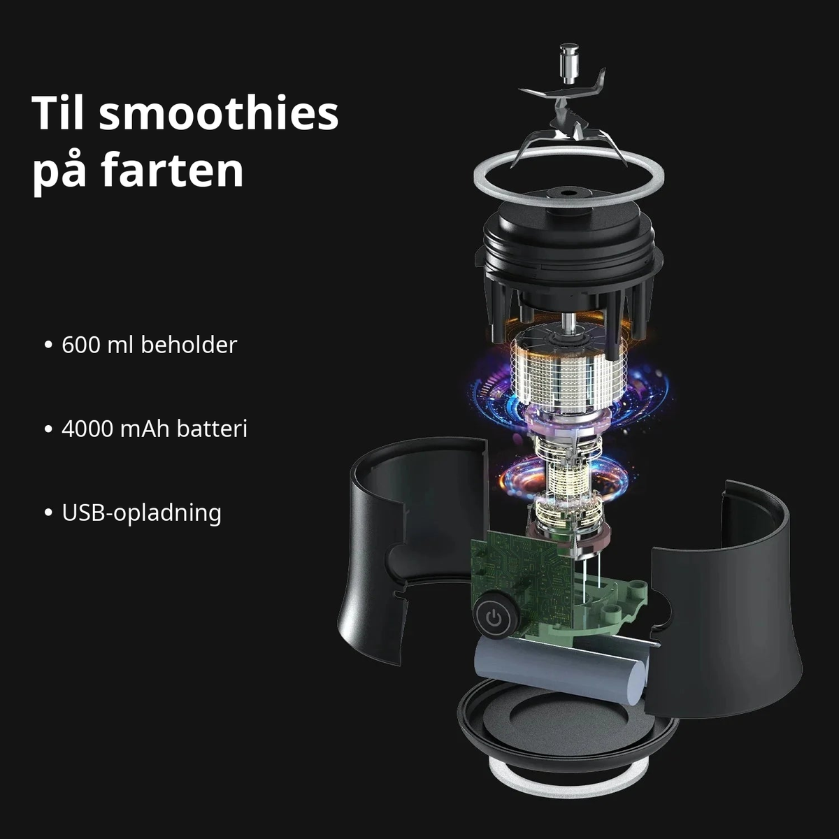 Blenderen til smoothies på farten: 600 ml beholder, 4000 mAh batteri og USB-opladning.