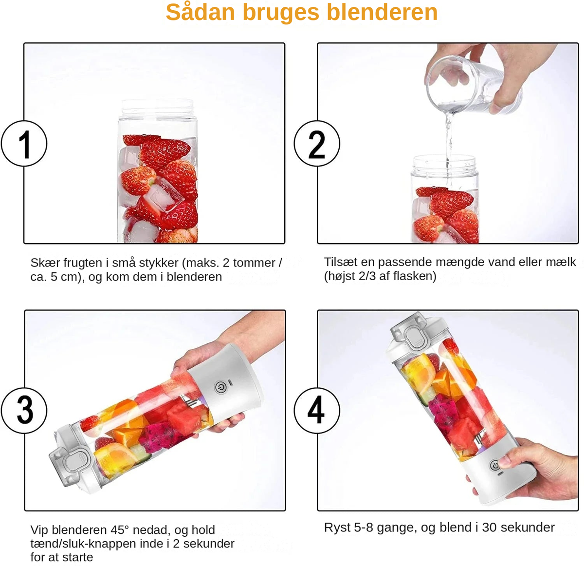 Sådan bruges Blenderen: fire trin fra frugt og væske til færdig smoothie.