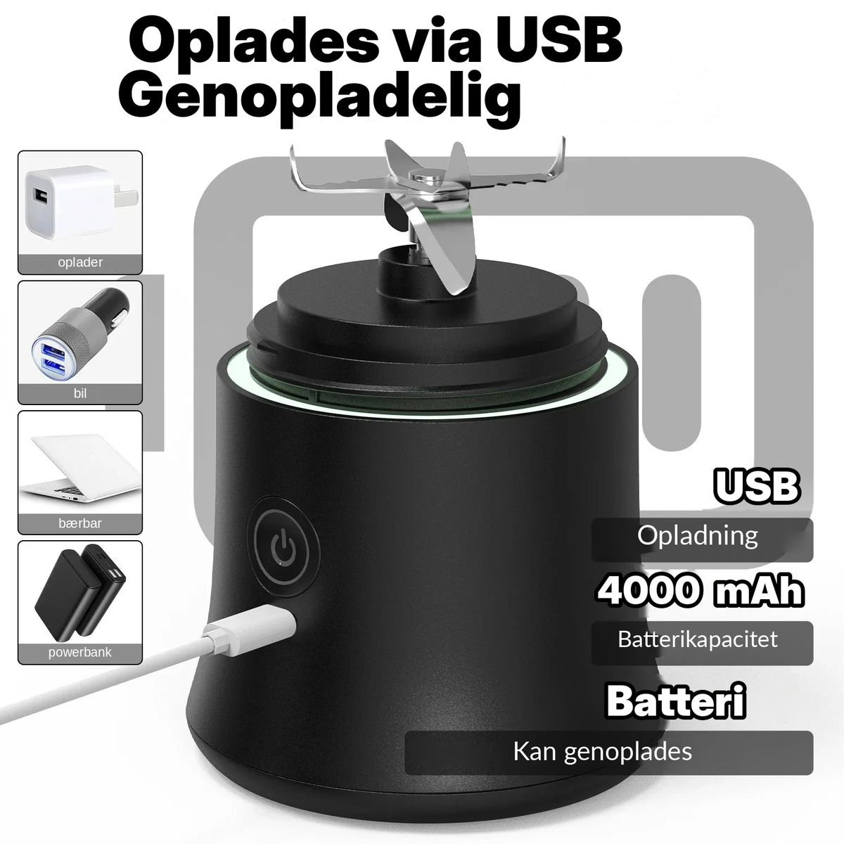 Blenderen med USB-opladning og genopladeligt batteri på 4000 mAh