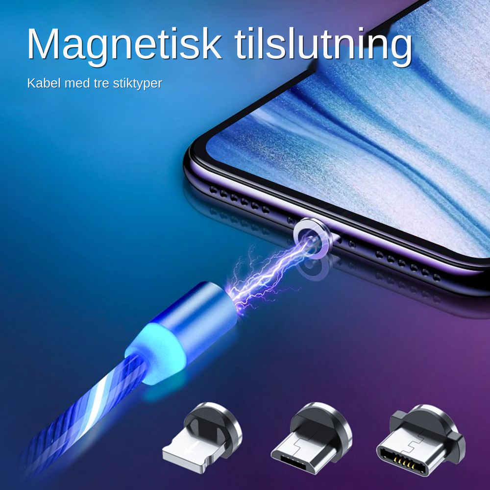 Chargo-kabel med tre stiktyper og magnetisk tilslutning.