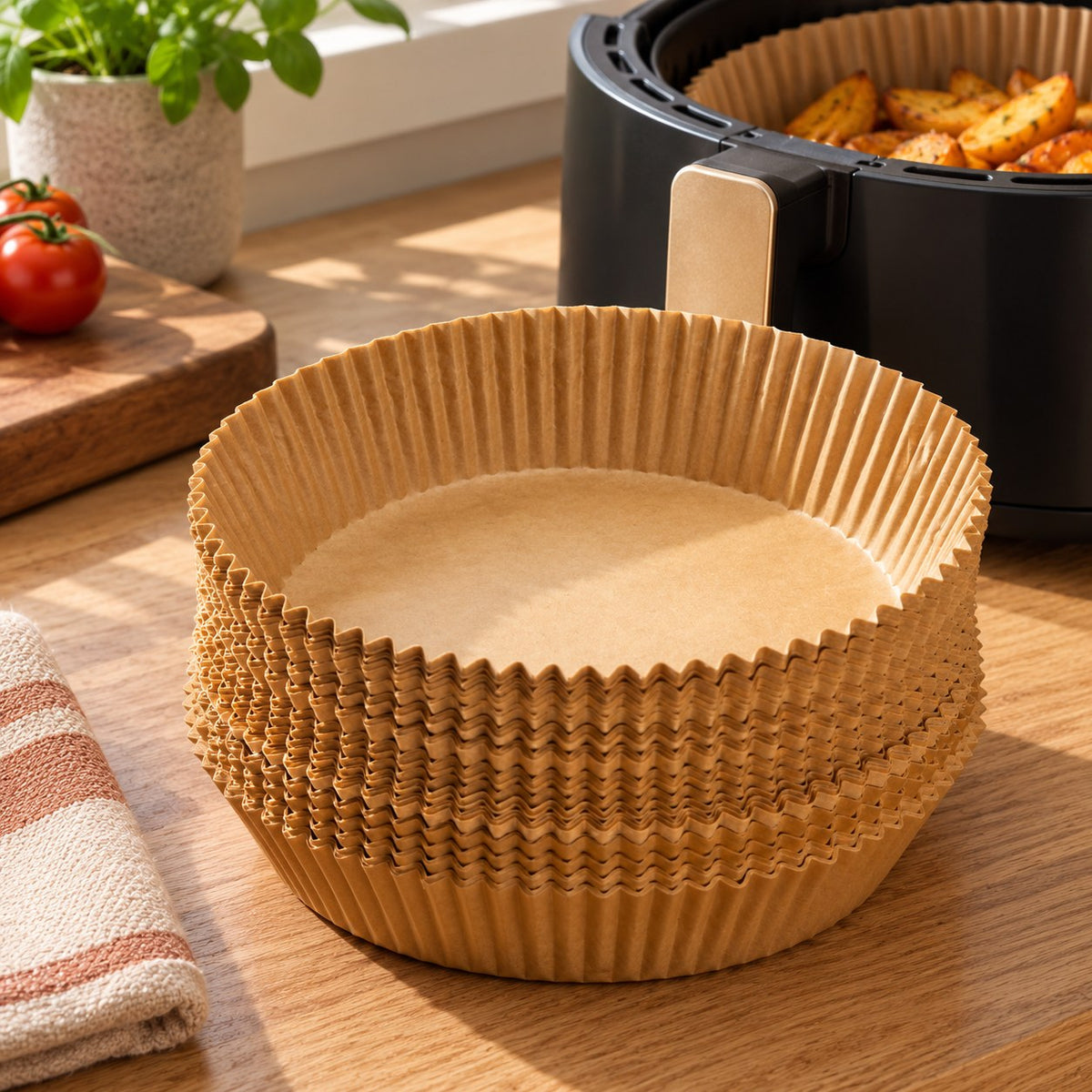 Bakepapir til airfryer på kjøkkenbenken