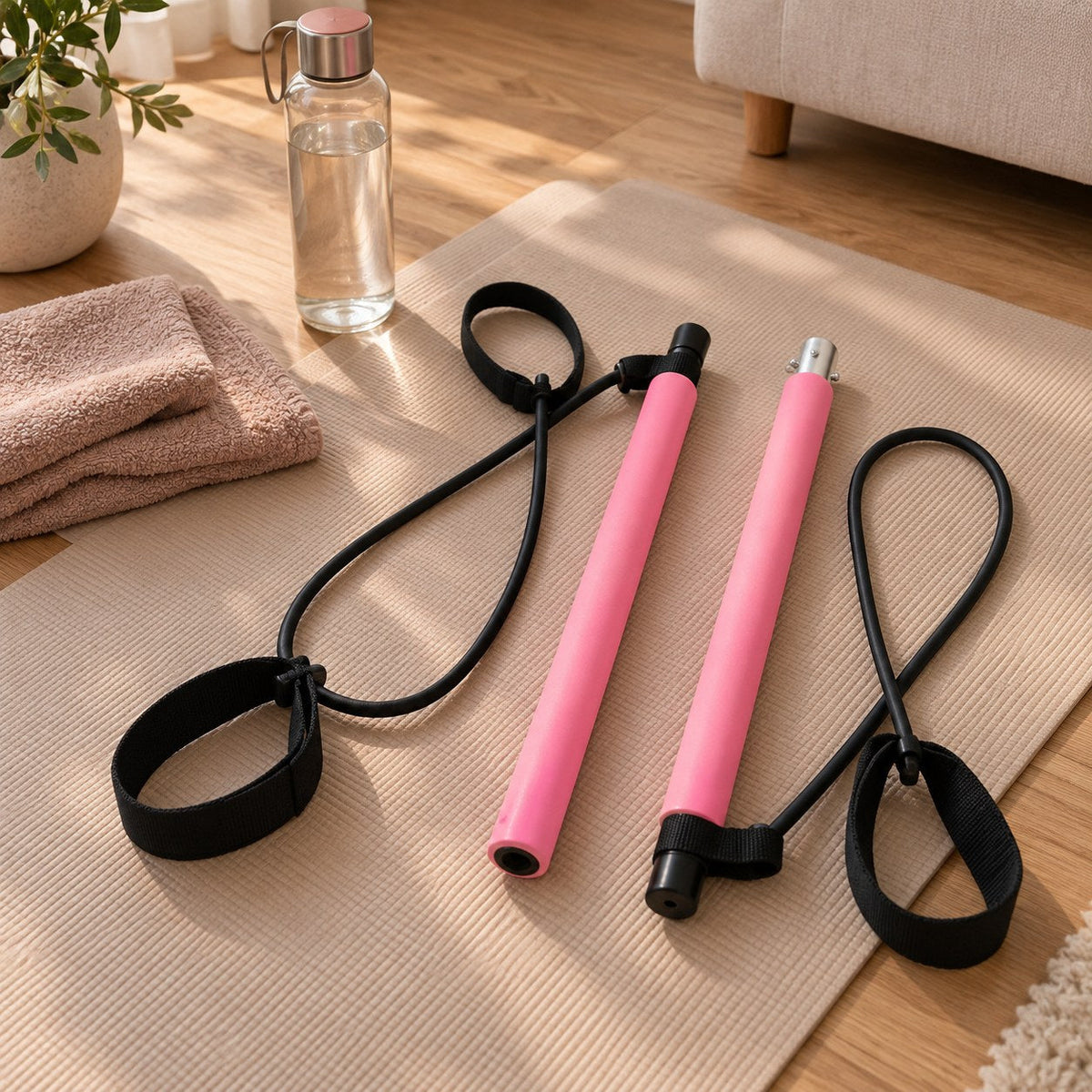 FlexBar pilatesstang med strikk på yogamatten