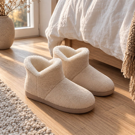 FluffyShoe innesko ved sengen i morgenlys