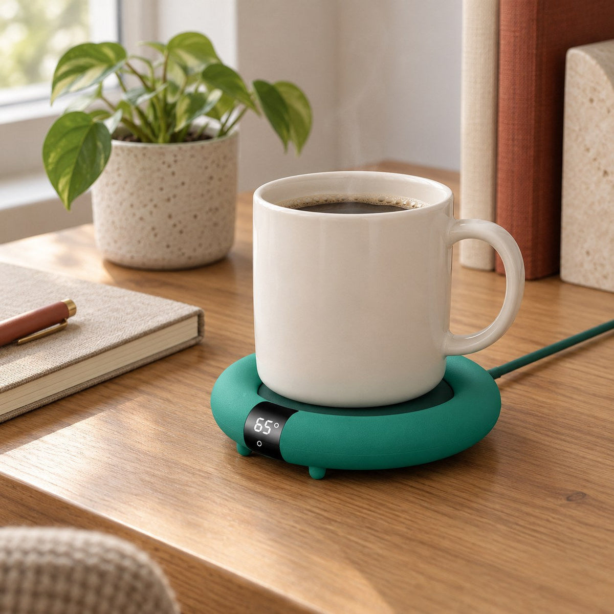 Smart koppvarmer med kaffekopp på skrivebordet