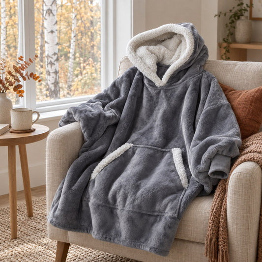 KoseHoodie over en lenestol ved vinduet
