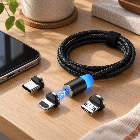 Magnetisk ladekabel på skrivebordet
