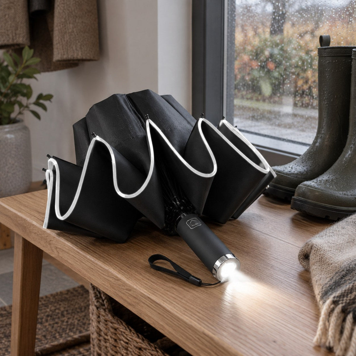 Paratekk paraply på gangbenken en regnværsdag