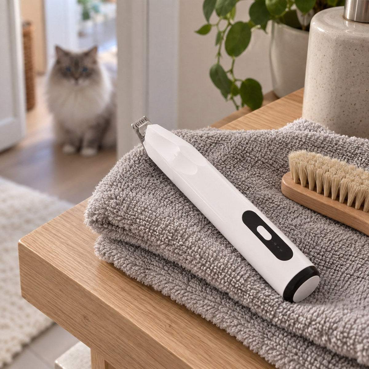 PoteTrim dyrehårtrimmer på badehyllen