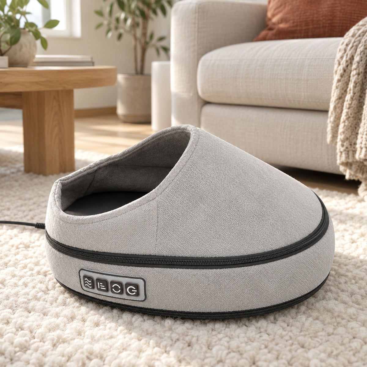 Grå shiatsu fotmassasjeapparat med åpen front og knappepanel på siden, står på et teppe i stua