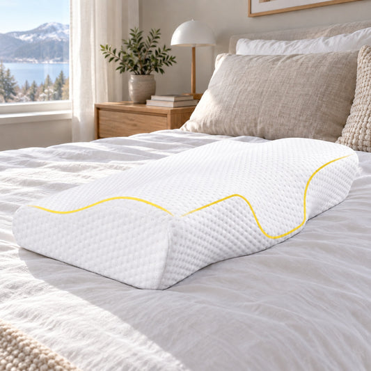 Hvit ortopedisk nakkepute i memory foam med gul kantsøm, ligger på en oppredd seng