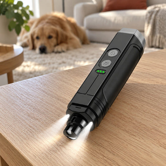 Svart elektrisk klosliper med LED-lys, ligger på et eikebord med en hund i bakgrunnen