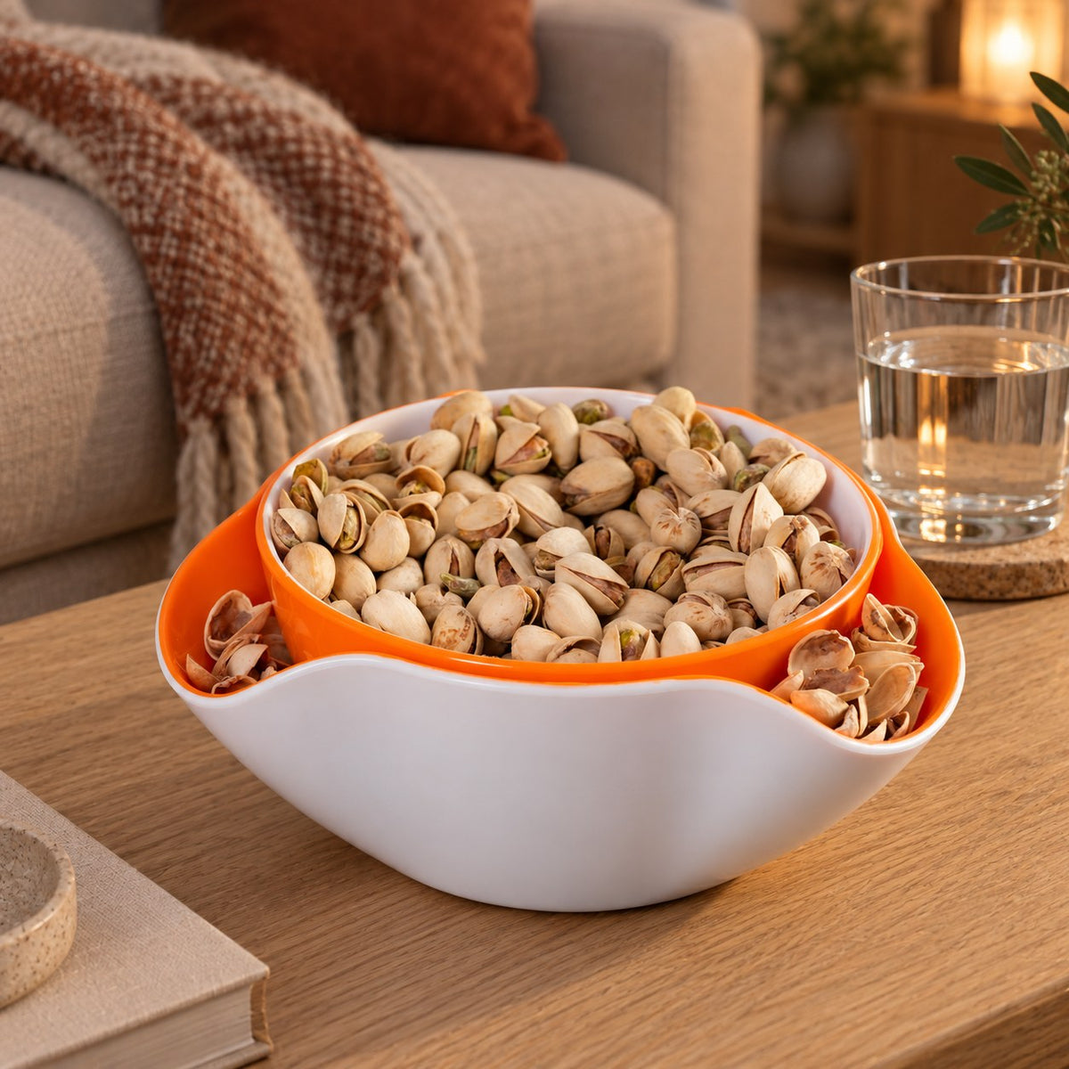 Snacksbolle med avfallsrom på stuebordet