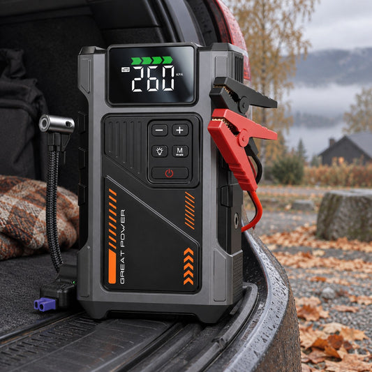 Sparkis jumpstarter i bagasjerommet en høstmorgen