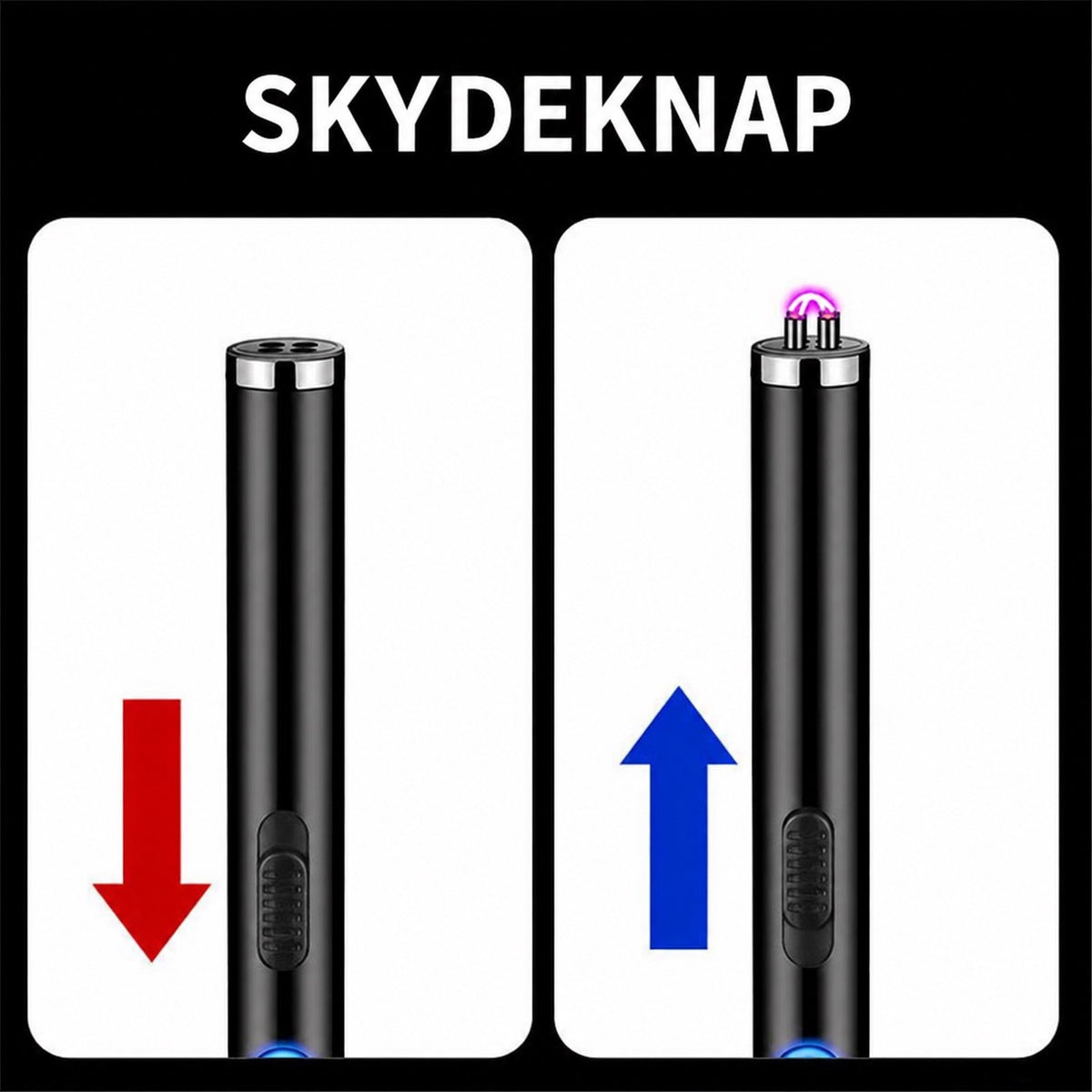 ElLighter med skydeknap: ned for at lukke, op for at tænde lysbuen