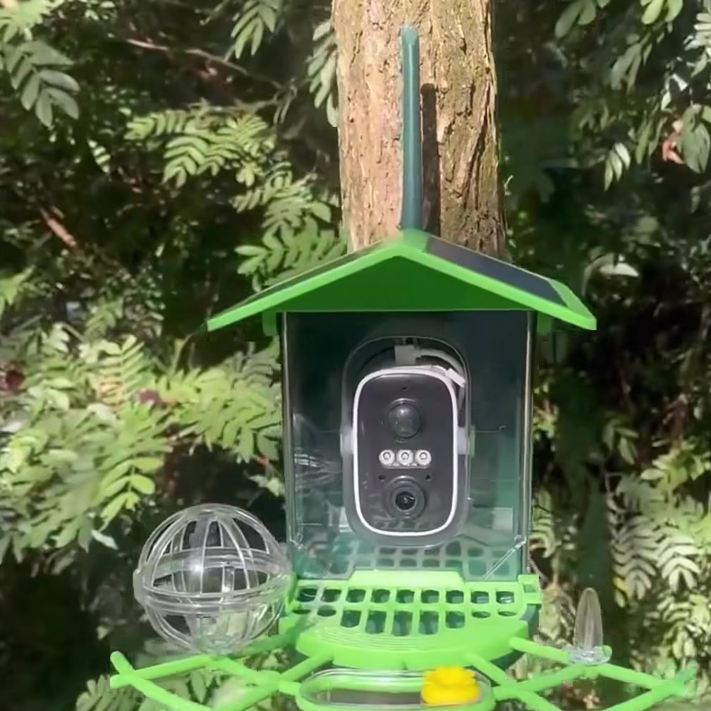 Fuglekikk with solar roof mounted on a tree in the garden