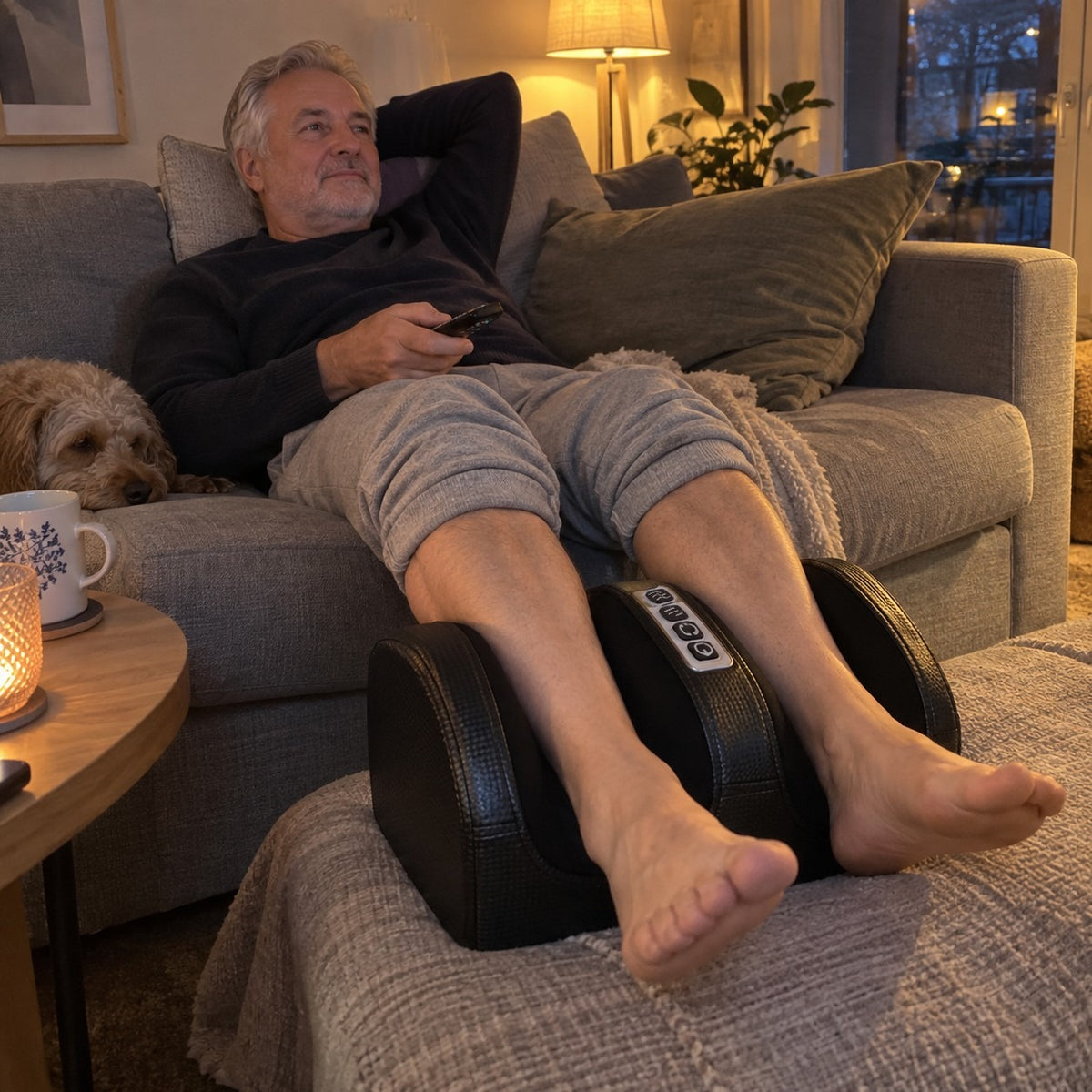 Mann med leggene i FotRo i sofaen