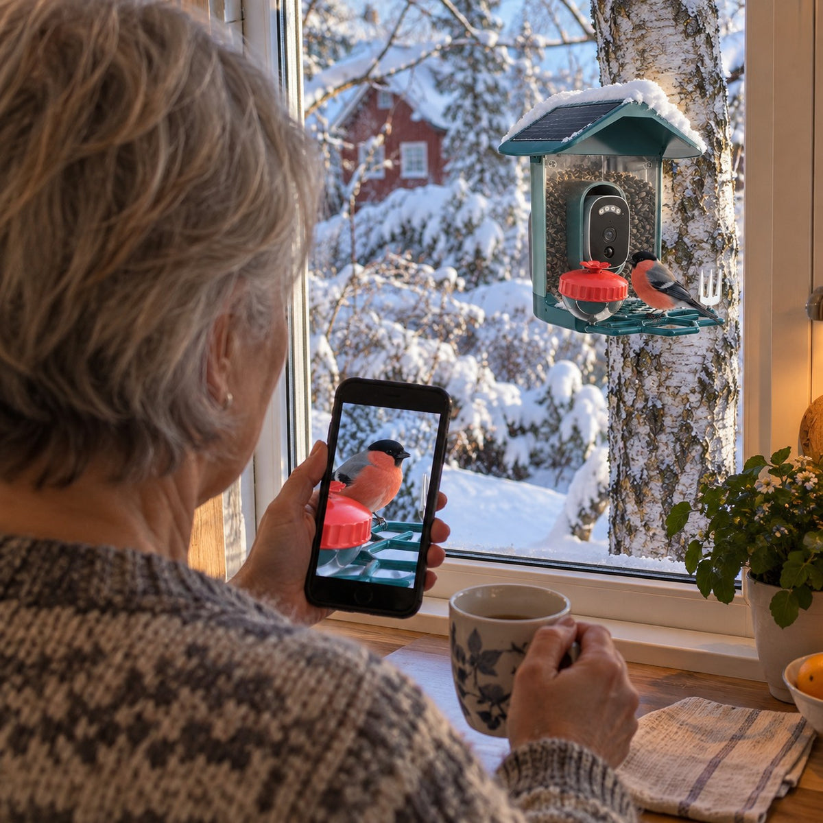 Kvinne ser dompapen på mobilen fra kjøkkenvinduet
