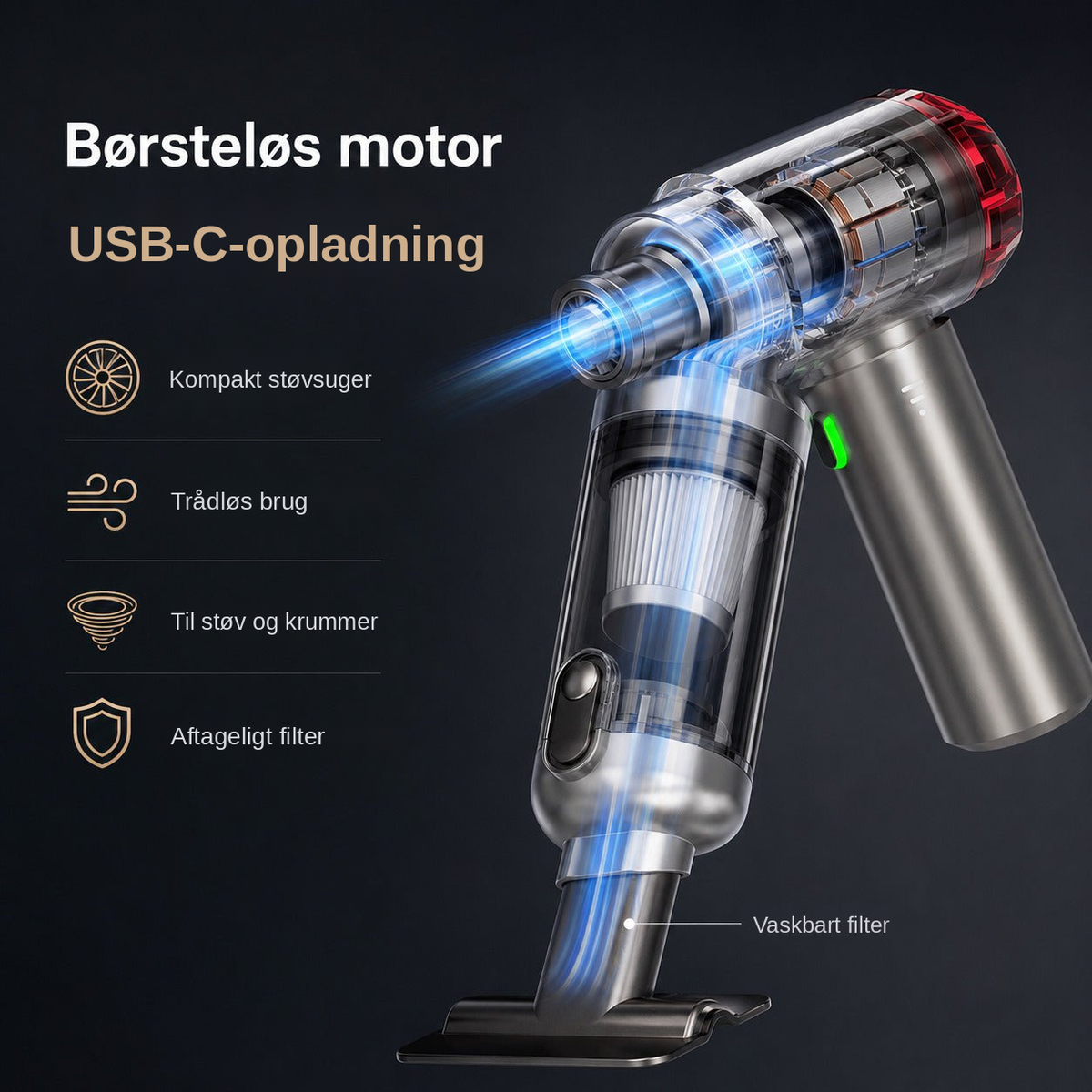 Handy med USB-C-opladning og aftageligt, vaskbart filter.