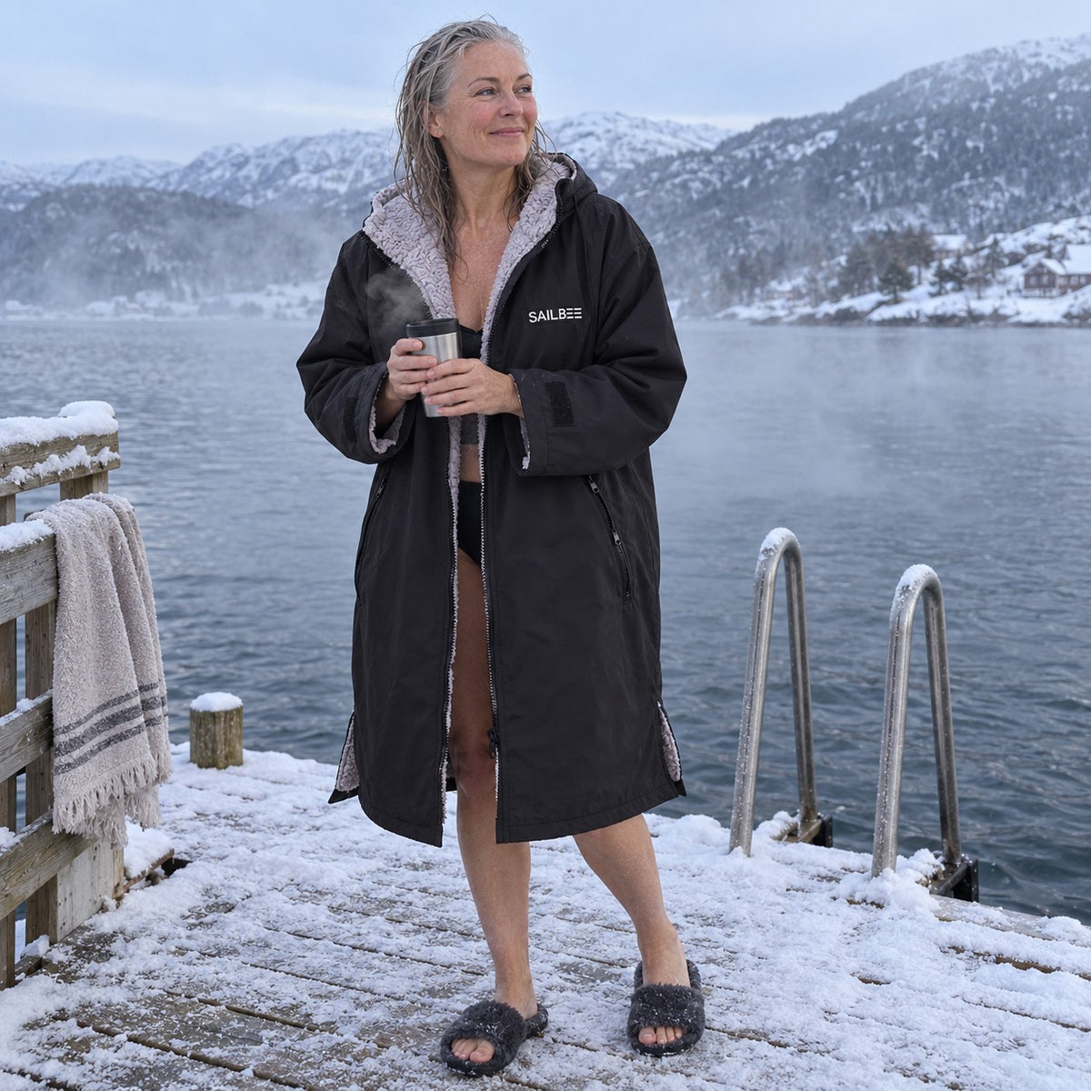Kvinne i svart KoseKåpe på brygga etter et vinterbad
