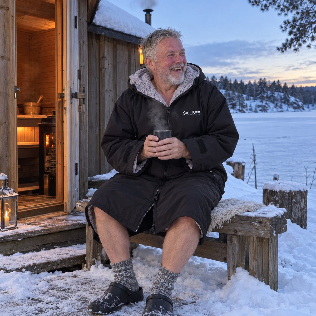 Mann i KoseKåpe med kaffekopp utenfor badstua