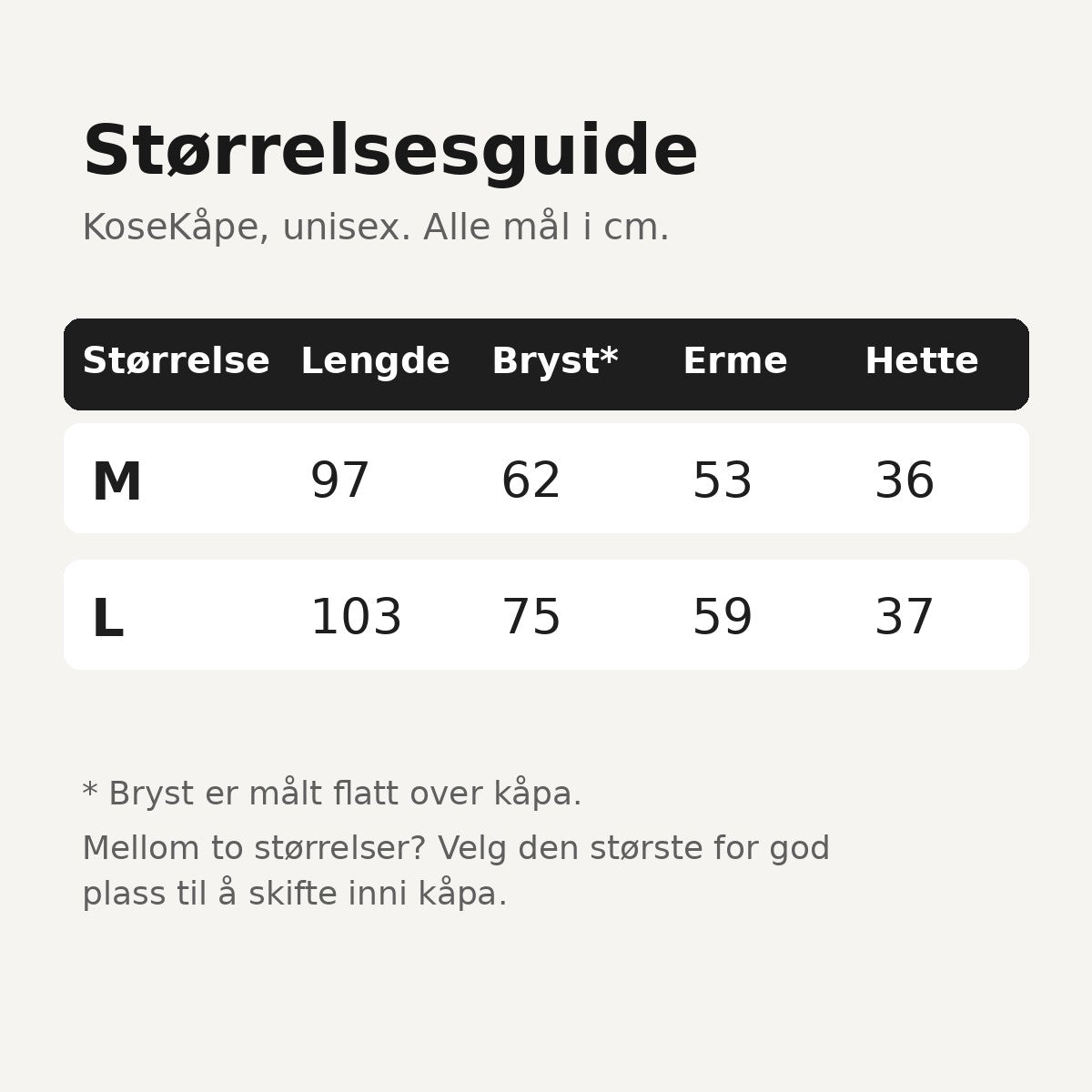 Størrelsesguide for KoseKåpe