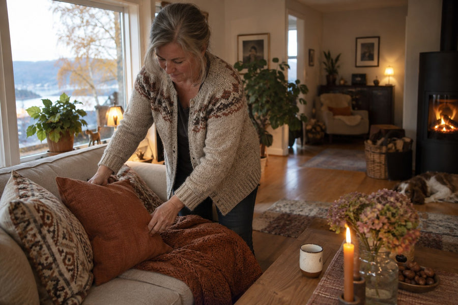Kvinne legger pledd og puter på sofaen i en varm høststue