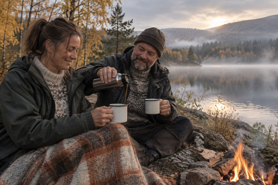 Par drikker kaffe ved bålet ved en høstinnsjø