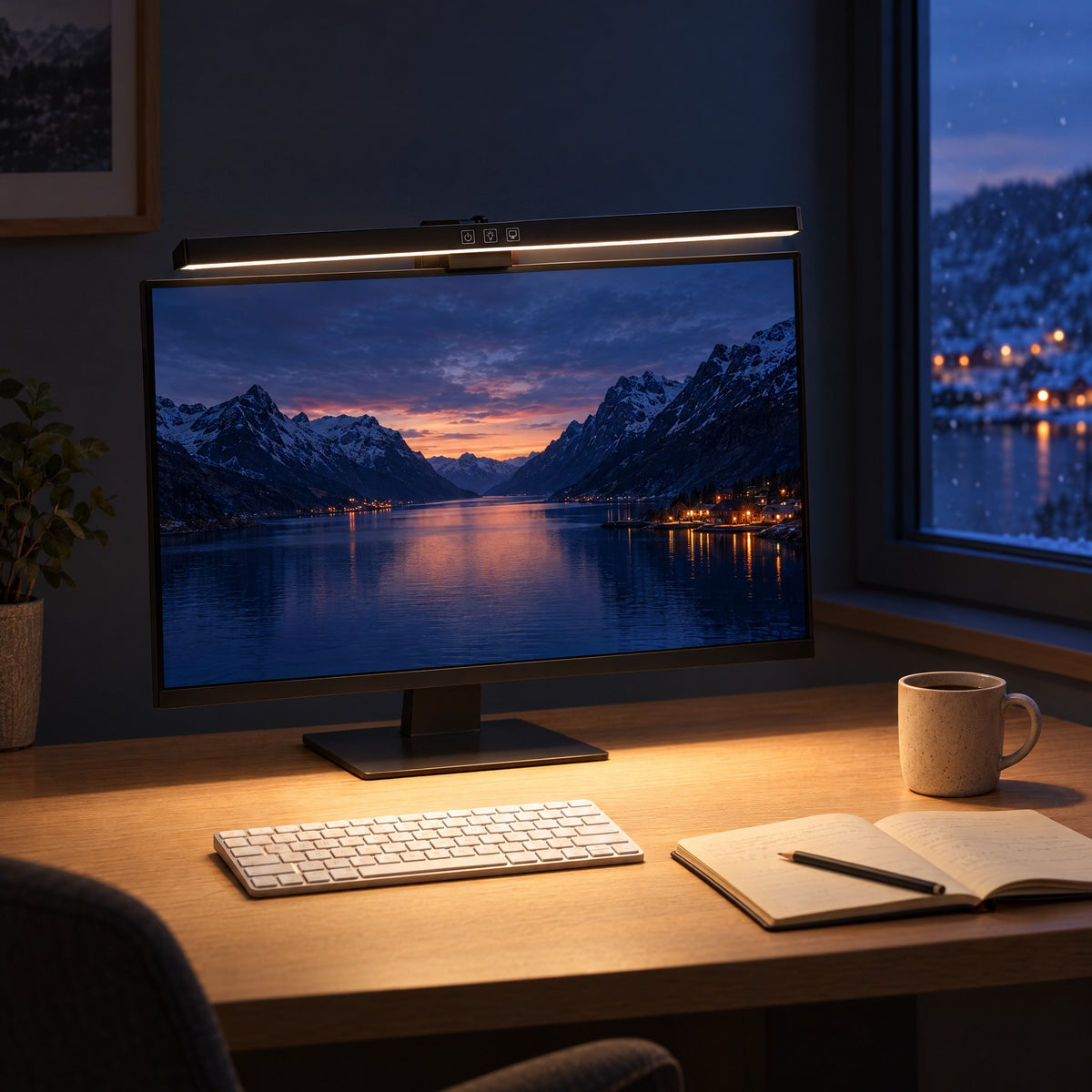 Fokuslys skjermlampe i svart på PC-skjerm som lyser opp tastatur, notatbok og kaffekopp en mørk vinterkveld