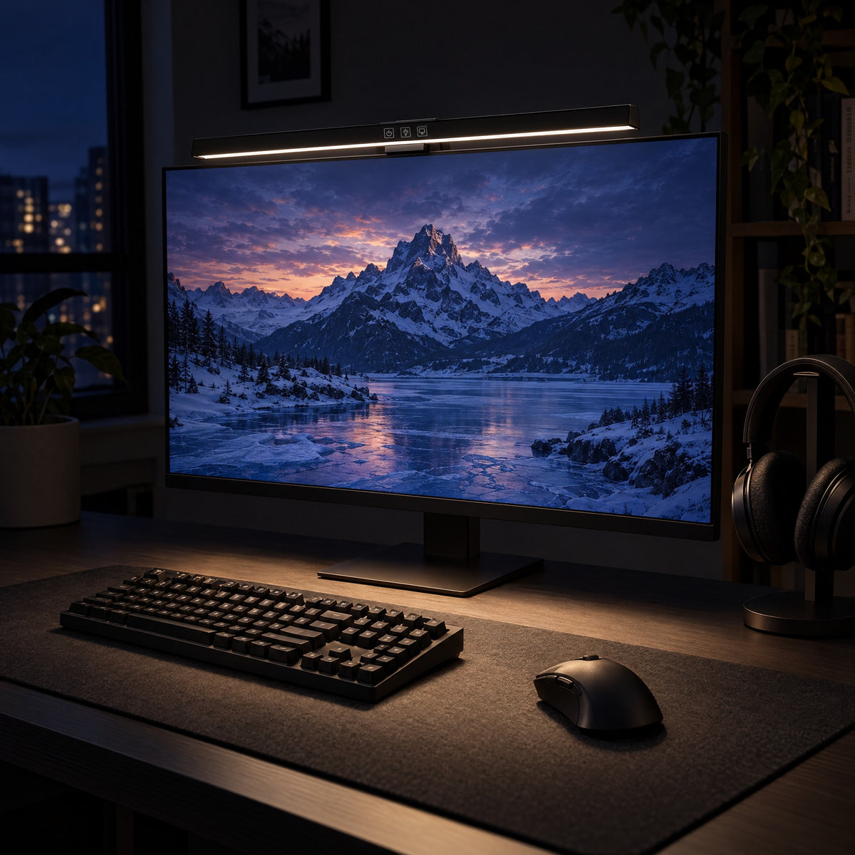 Fokuslys på gamingskjerm som lyser opp tastatur og mus i et mørkt rom