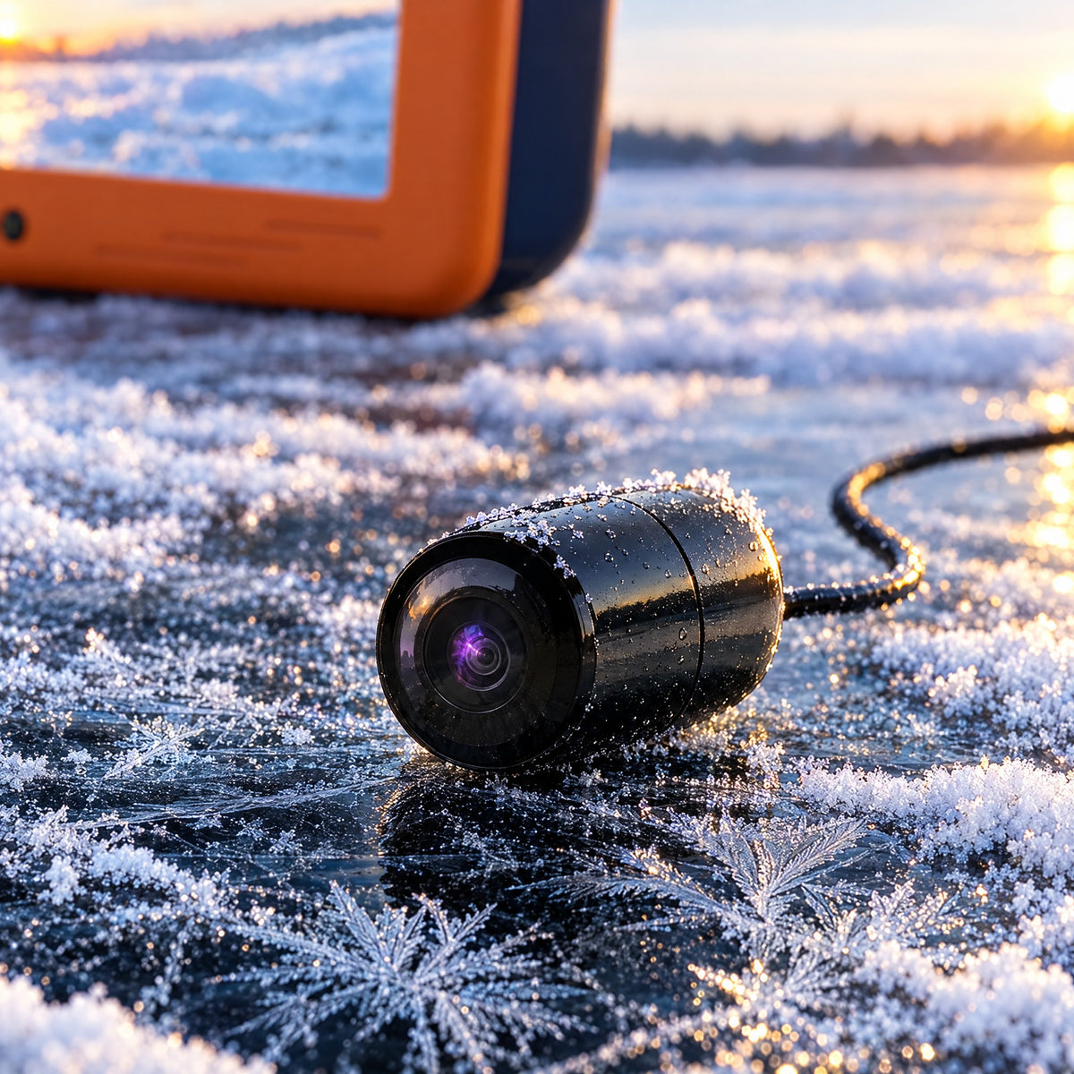 Nærbilde av det lille svarte undervannskameraet med vidvinkellinse på frostdekket is