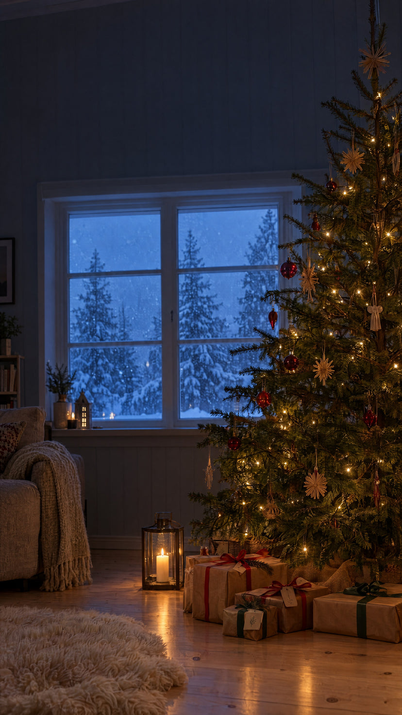 Koselig stue på julaften med pyntet juletre, gaver og snø utenfor vinduet