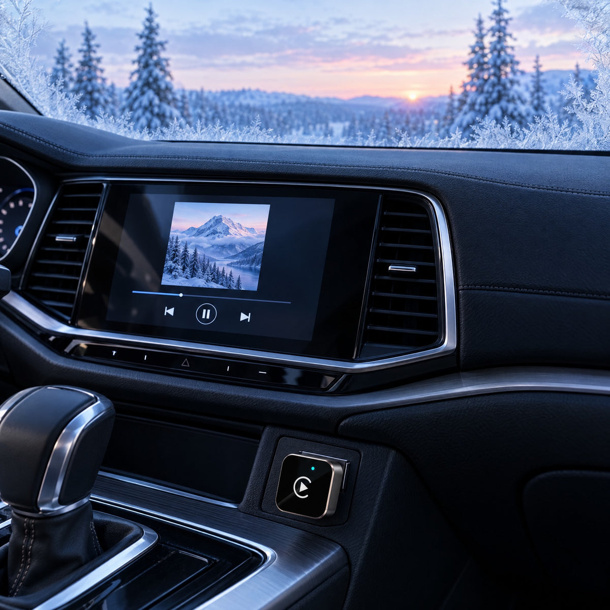 Bil en frostkald vintermorgen med musikk på skjermen og KabelFri i USB-porten