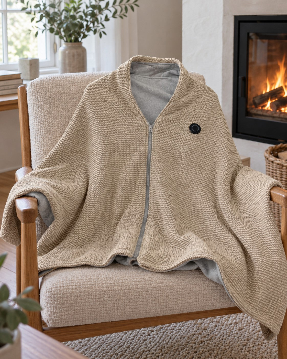KoseKappe oppvarmet poncho i beige over en lenestol ved peisen