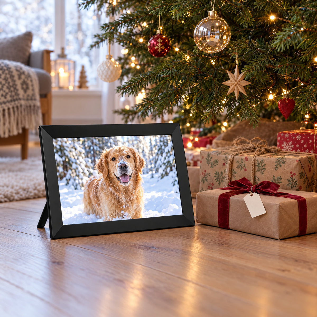 Minneramme under juletreet ved siden av en innpakket gave, skjermen viser en hund i snøen
