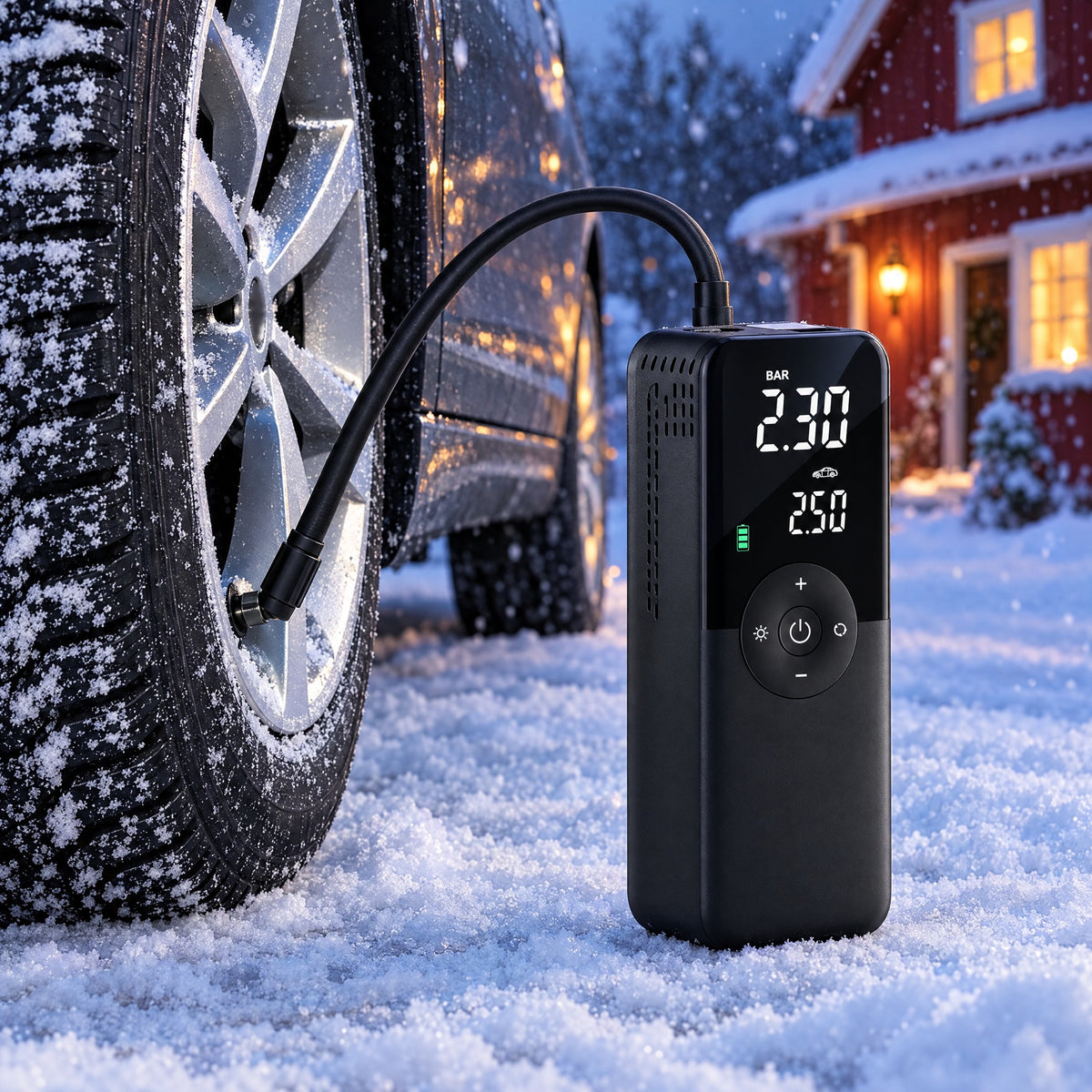 Pumpa dekkpumpe står i snøen ved et vinterdekk med slangen skrudd på ventilen