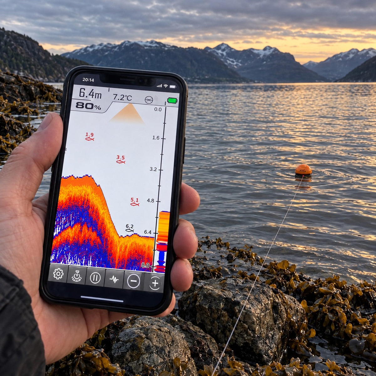 SonarKule floating in the fjord while the phone shows depth, bottom and fish