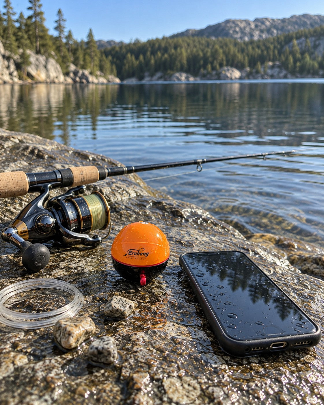 SonarKule on a wet rock next to a phone and fishing reel – the size of a tennis ball